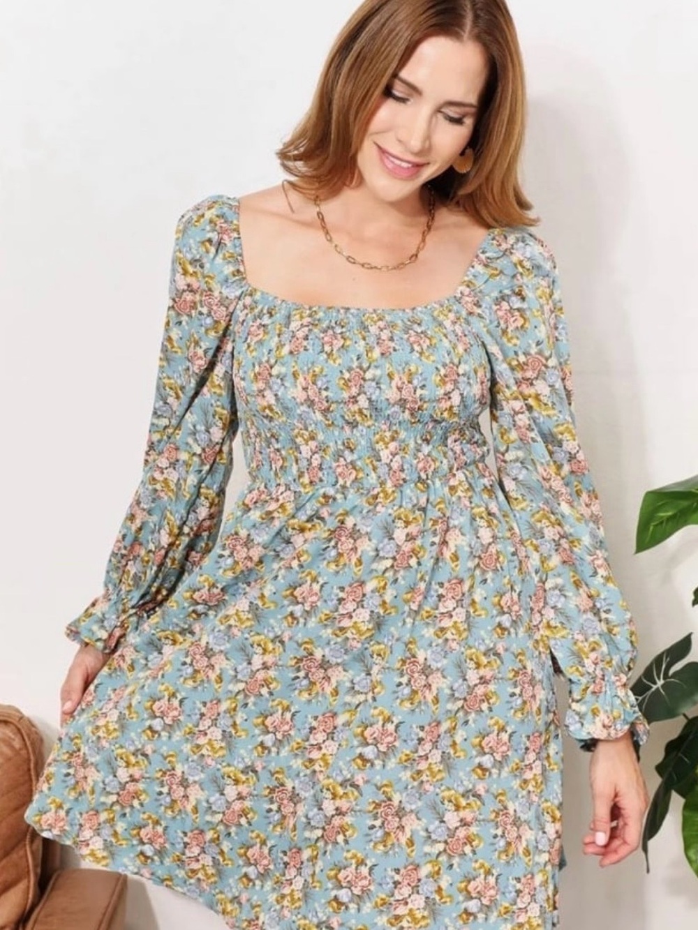 Puff-Sleeve Smocked Floral Midi Dress in Light Blue